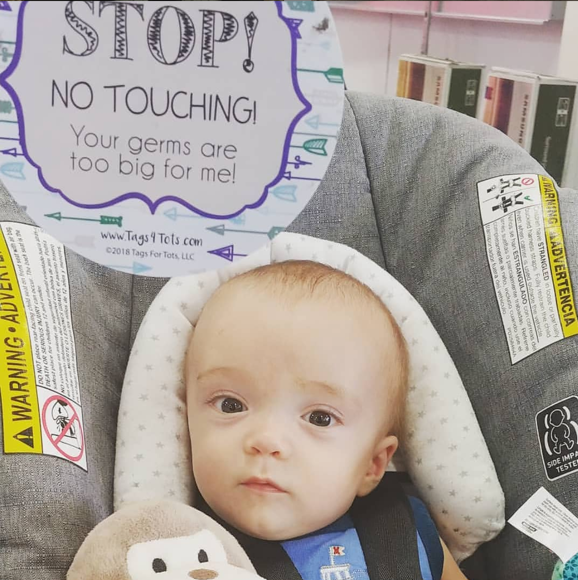 Stop No Touching Blue Arrows Tag
