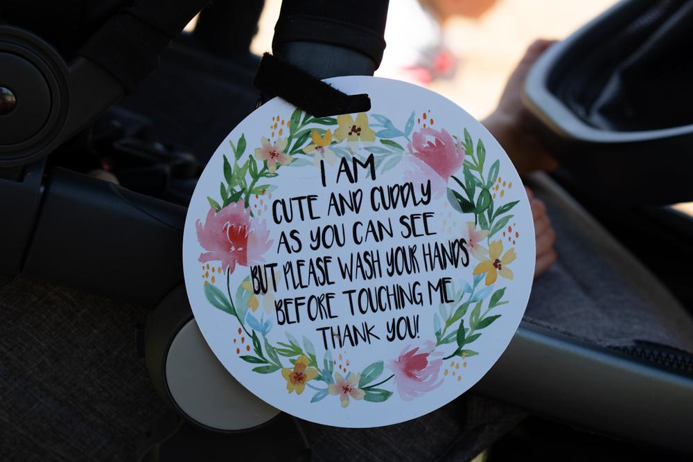 New Baby Car Seat Tag to not touch sign for stroller
