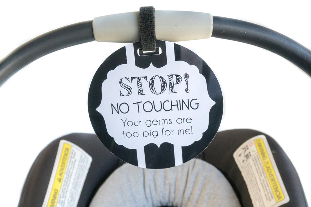 Tags 4 Tots Newborn baby black and white car seat sign to not touch baby stroller