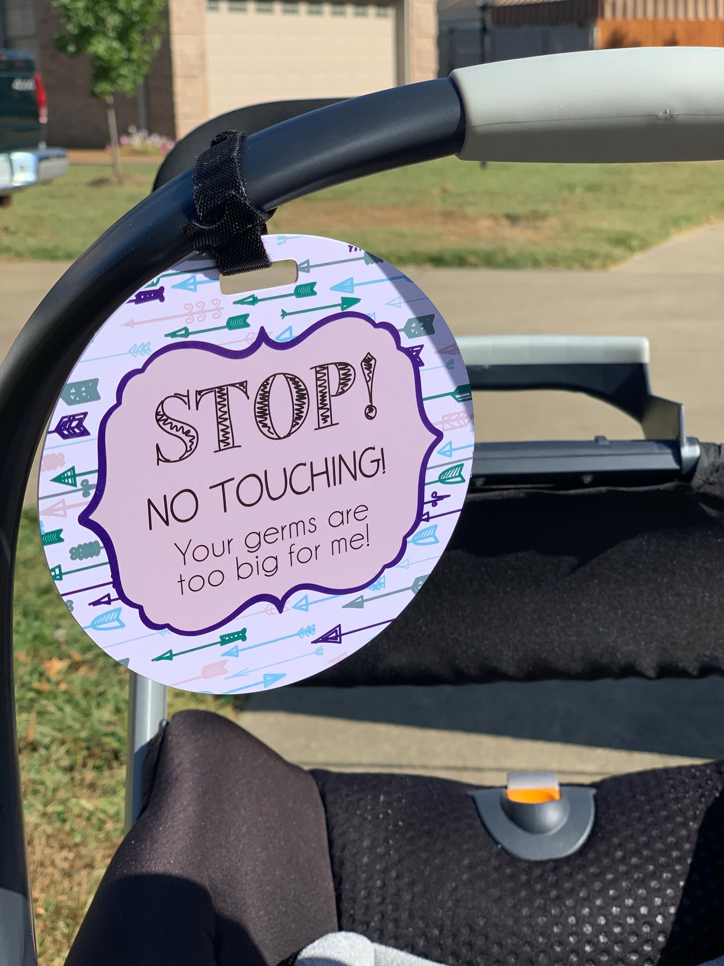 Stop No Touching Blue Arrows Tag