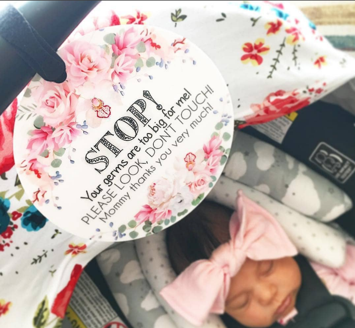 Just born little girl in her car seat with a flower no touching baby sign