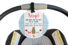 Load image into Gallery viewer, Tags 4 Tots Newborn baby boy woodlands car seat sign to not touch baby stroller