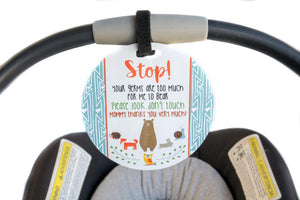 Tags 4 Tots Newborn baby boy woodlands car seat sign to not touch baby stroller
