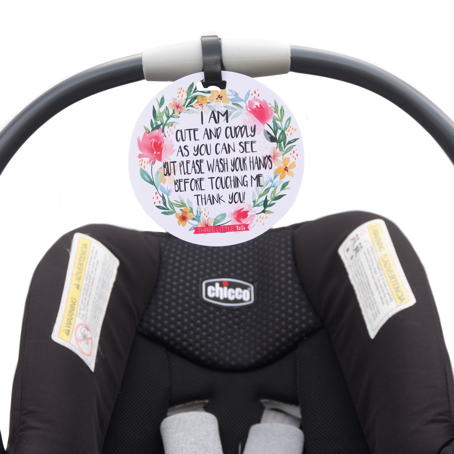 New Baby Car Seat Tag to not touch sign for stroller